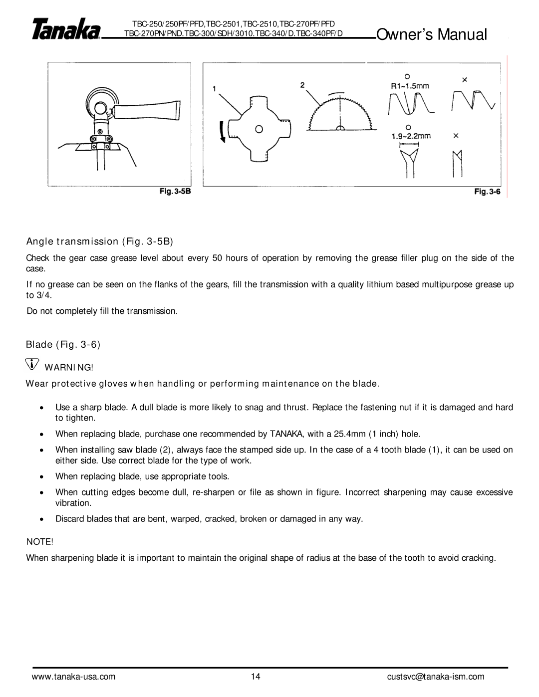 Tanaka TBS270PF/PN, TBC-340/D, TBC-2510, TBC-250PF/PFD, TBC-340PF/PFD, TBC-2501 owner manual Angle transmission -5B, Blade Fig 