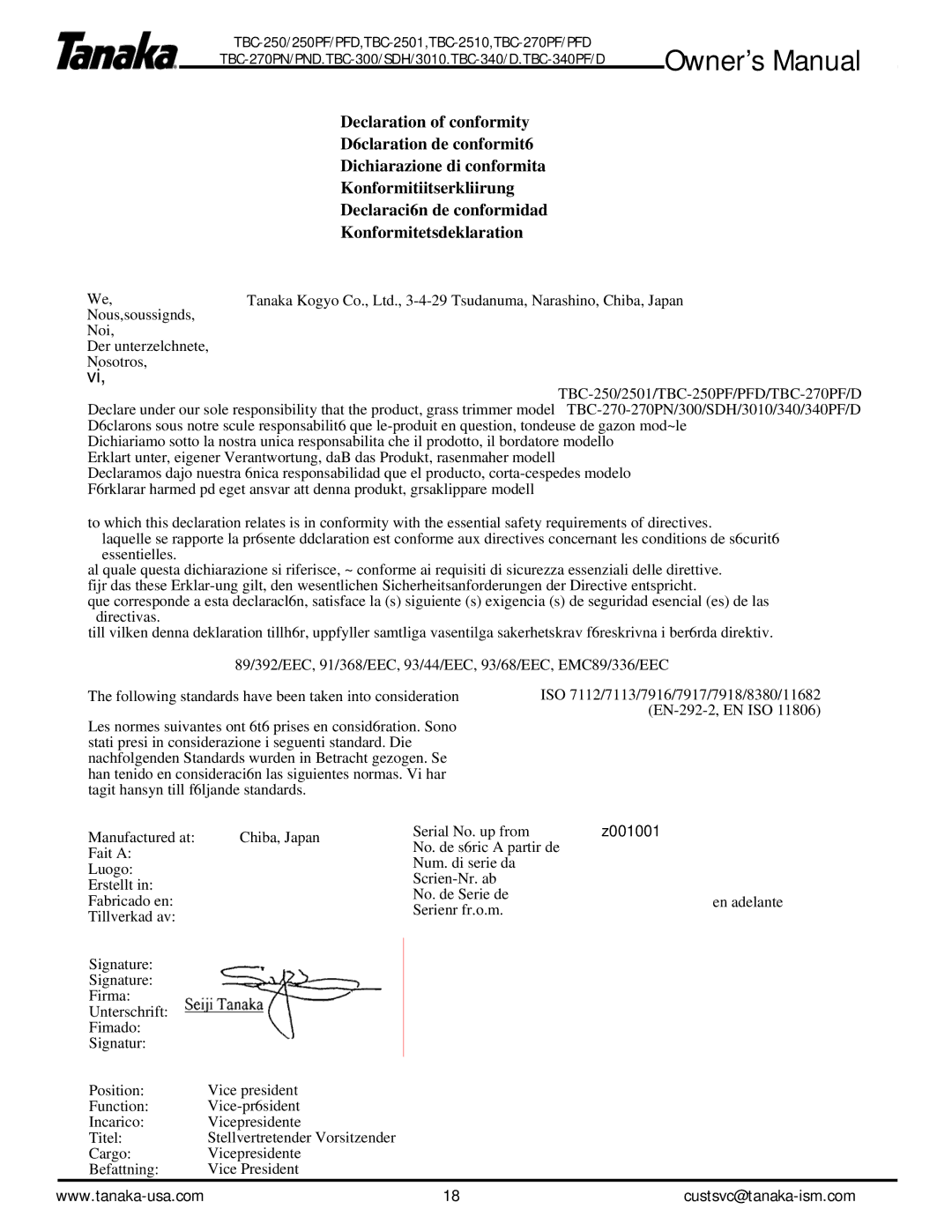 Tanaka TBC-340PF/PFD, TBC-340/D, TBC-2510, TBC-250PF/PFD, TBC-2501, TBC-300/SDH3010, TBS270PF/PN owner manual Z001001 