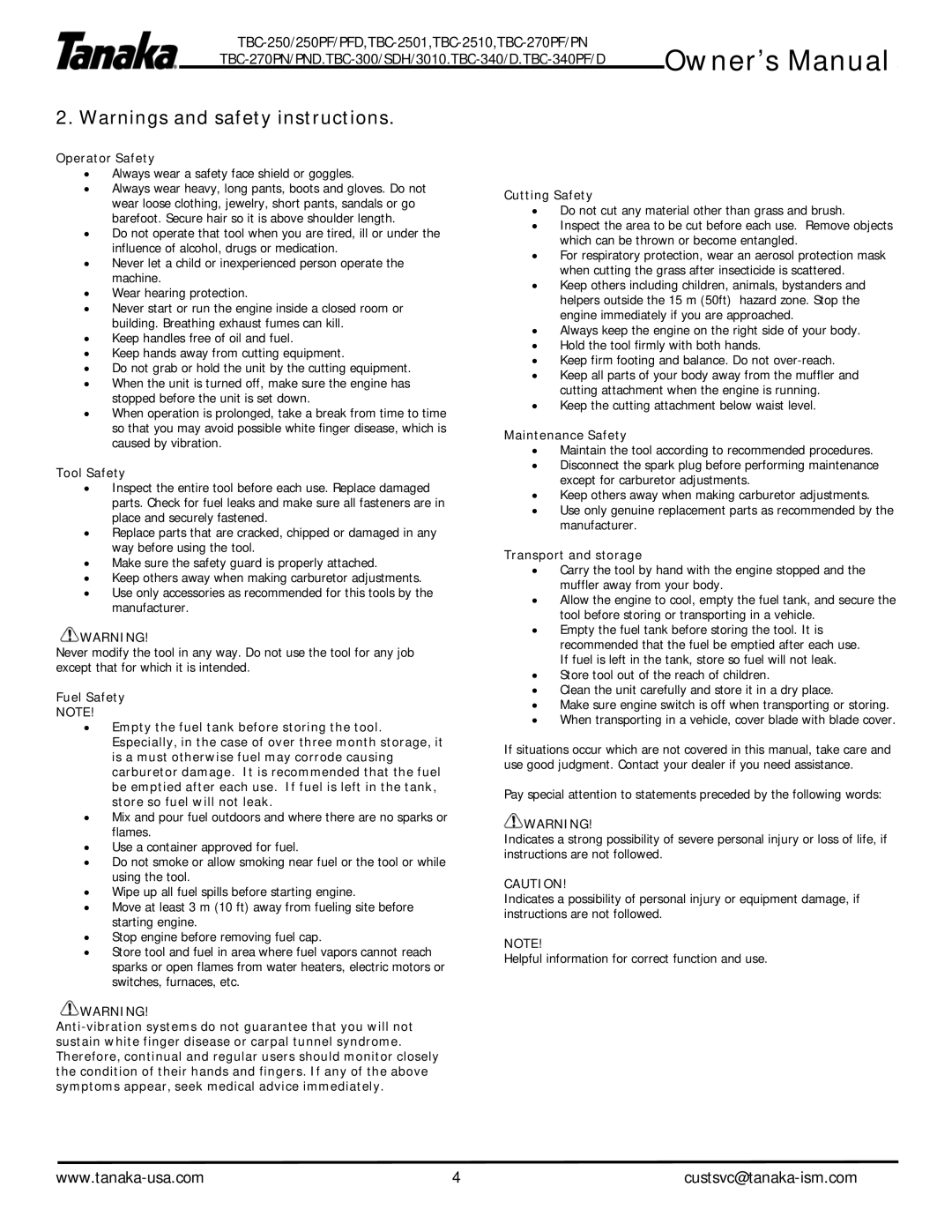 Tanaka TBC-2501, TBC-340/D, TBC-2510, TBC-250PF/PFD, TBC-340PF/PFD, TBC-300/SDH3010, TBS270PF/PN owner manual Operator Safety 