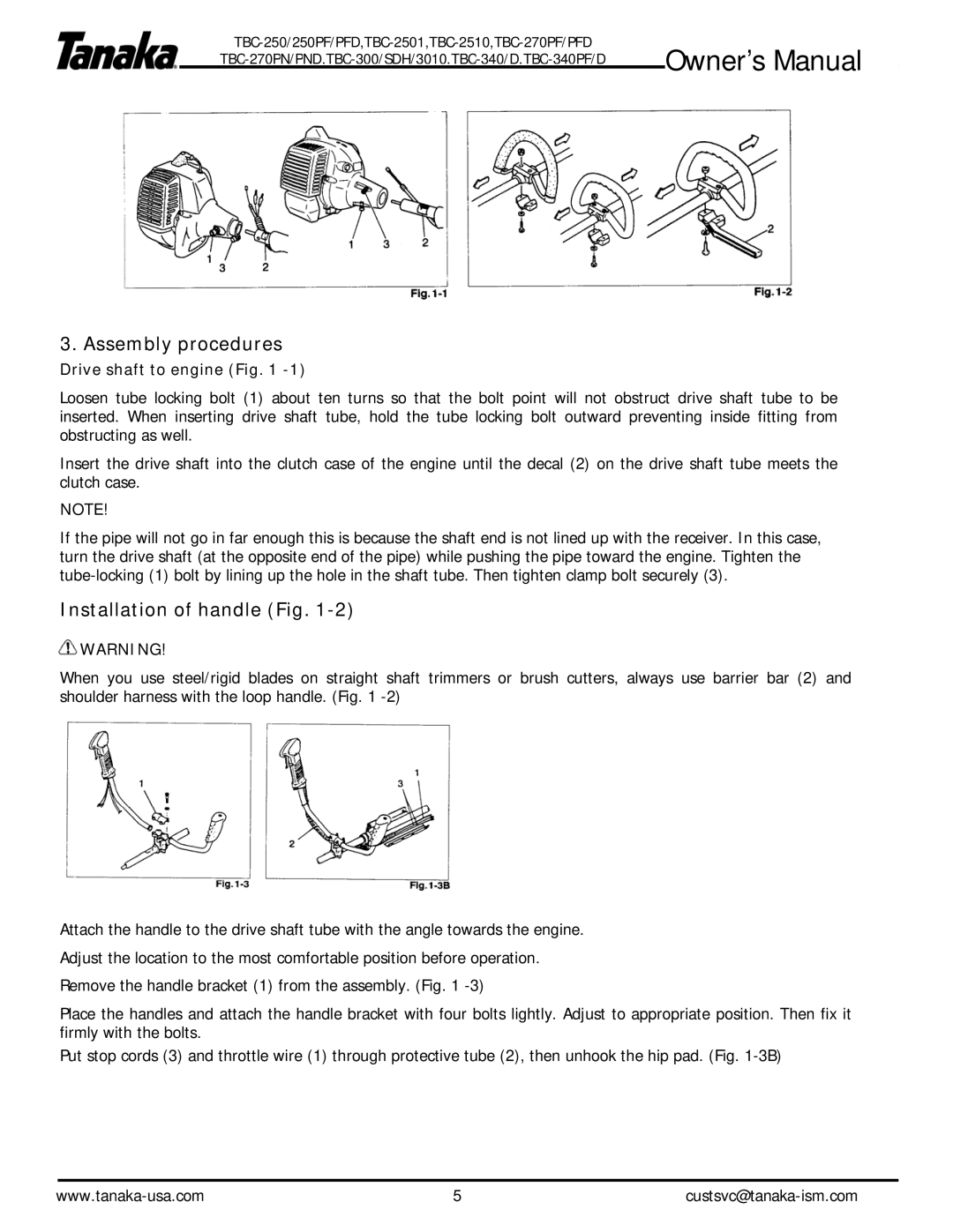 Tanaka TBC-300/SDH3010, TBC-340/D, TBC-2510, TBC-250 Assembly procedures, Installation of handle Fig, Drive shaft to engine 