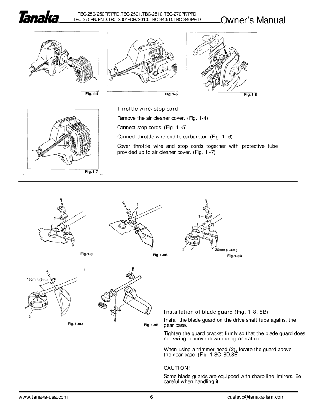 Tanaka TBS270PF/PN, TBC-340/D, TBC-2510, TBC-250PF/PFD, TBC-2501 Throttle wire/stop cord, Installation of blade guard -8, 8B 