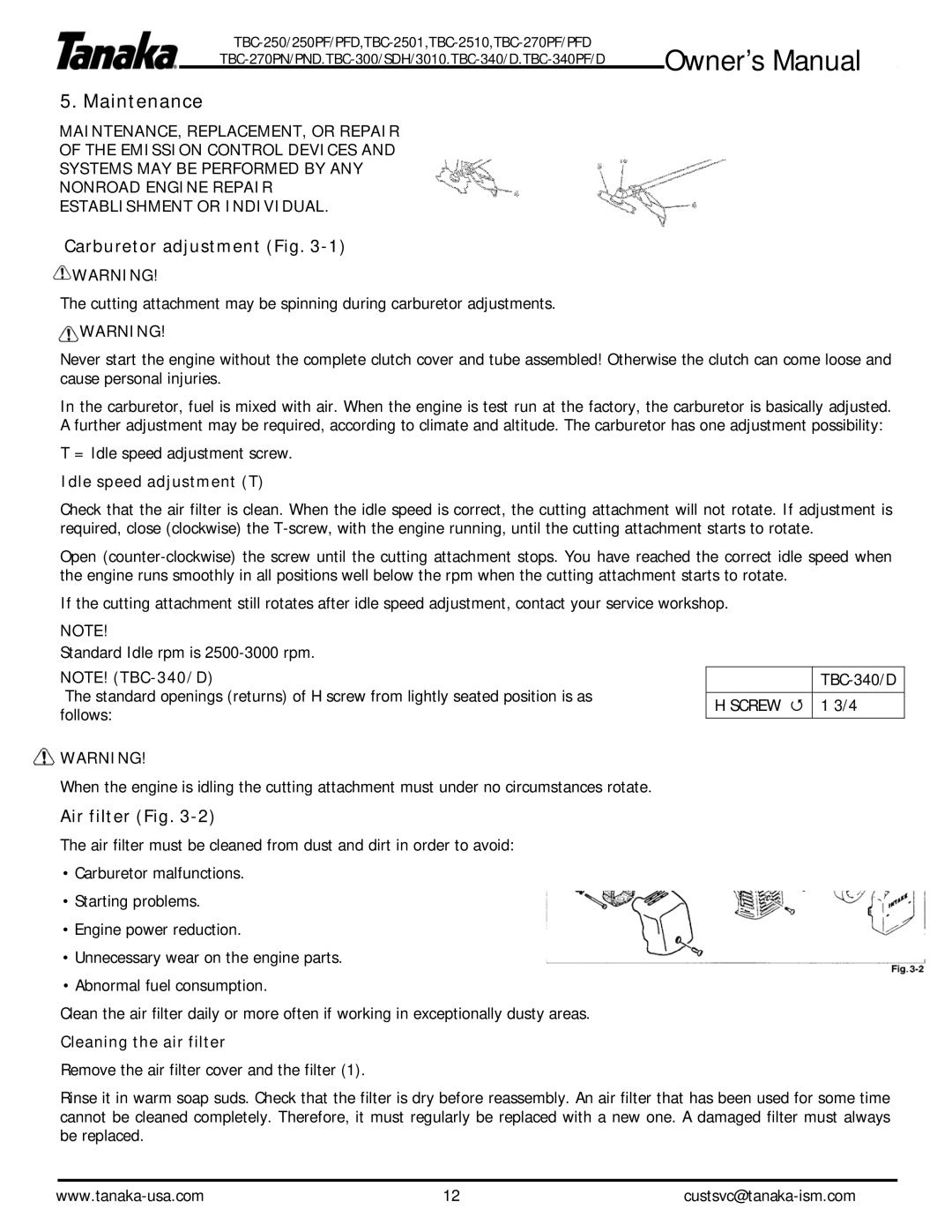 Tanaka TBC-300/SDH/3010, TBC-340/D, TBC-250 Maintenance, Carburetor adjustment Fig, Air filter Fig, Idle speed adjustment T 