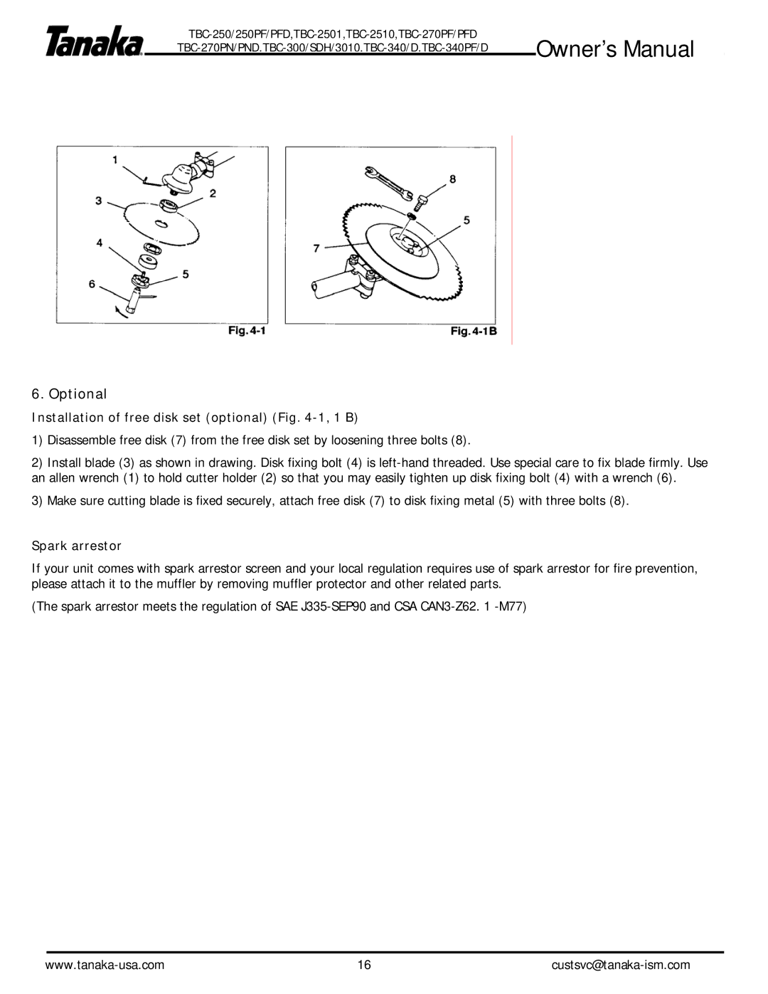 Tanaka TBC-2501, TBC-340/D, TBC-2510, TBC-250PF/PFD Optional, Installation of free disk set optional -1, 1 B, Spark arrestor 