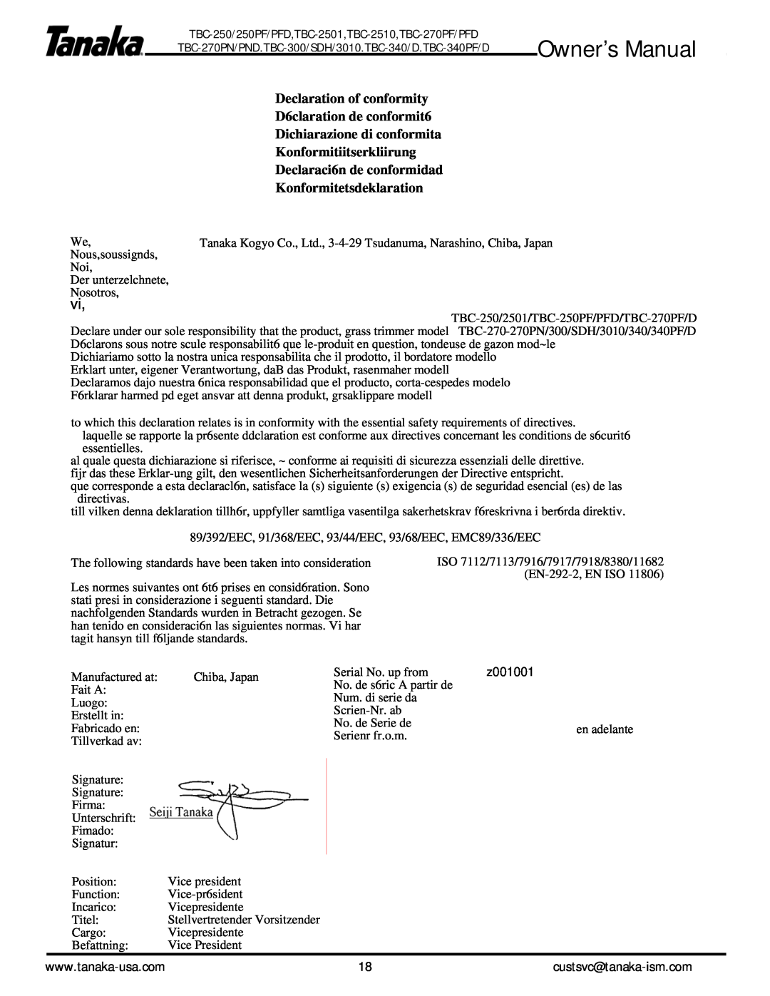 Tanaka TBC-2510 Declaration of conformity D6claration de conformit6, Dichiarazione di conformita Konformitiitserkliirung 