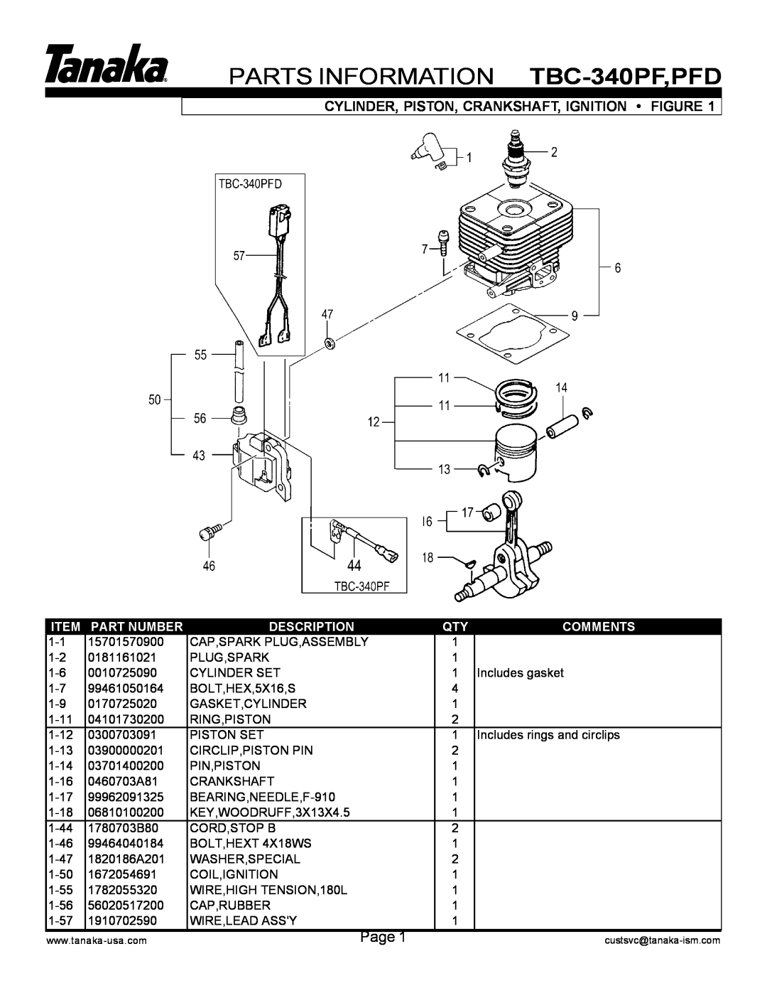 Tanaka manual PARTS INFORMATION TBC-340PF,PFD, Cylinder, Piston, Crankshaft, Ignition Figure, Part Number, Description 