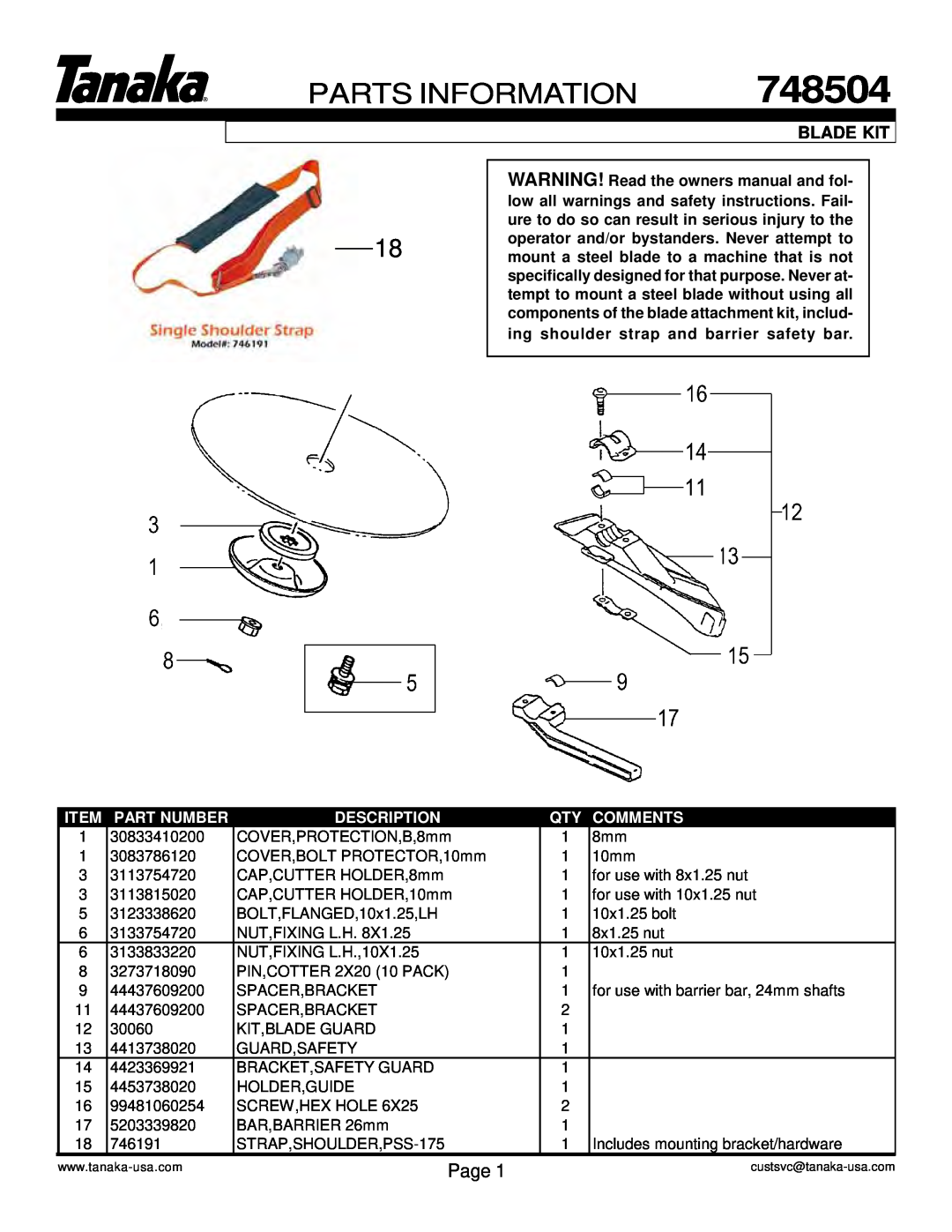 Tanaka TBC-340PF, PFD manual 748504, Parts Information, Blade Kit, Part Number, Description, Comments 