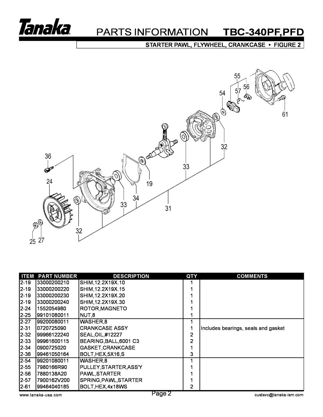 Tanaka PARTS INFORMATION TBC-340PF,PFD, Starter Pawl, Flywheel, Crankcase Figure, Part Number, Description, Comments 