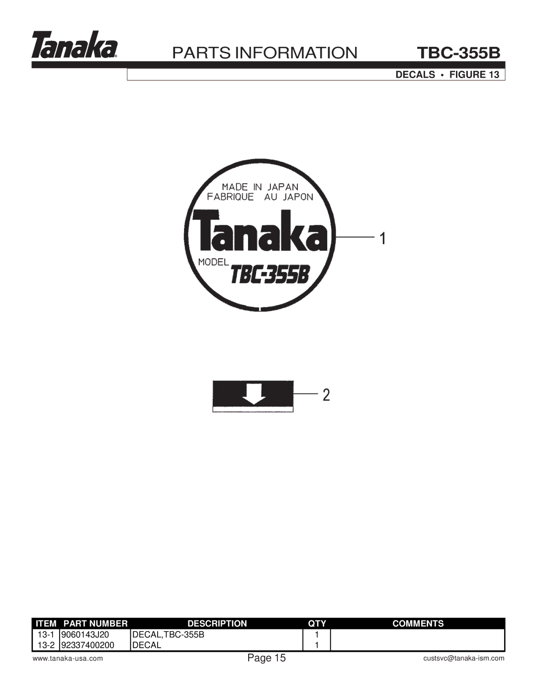 Tanaka TBC-355B manual Decals Figure 