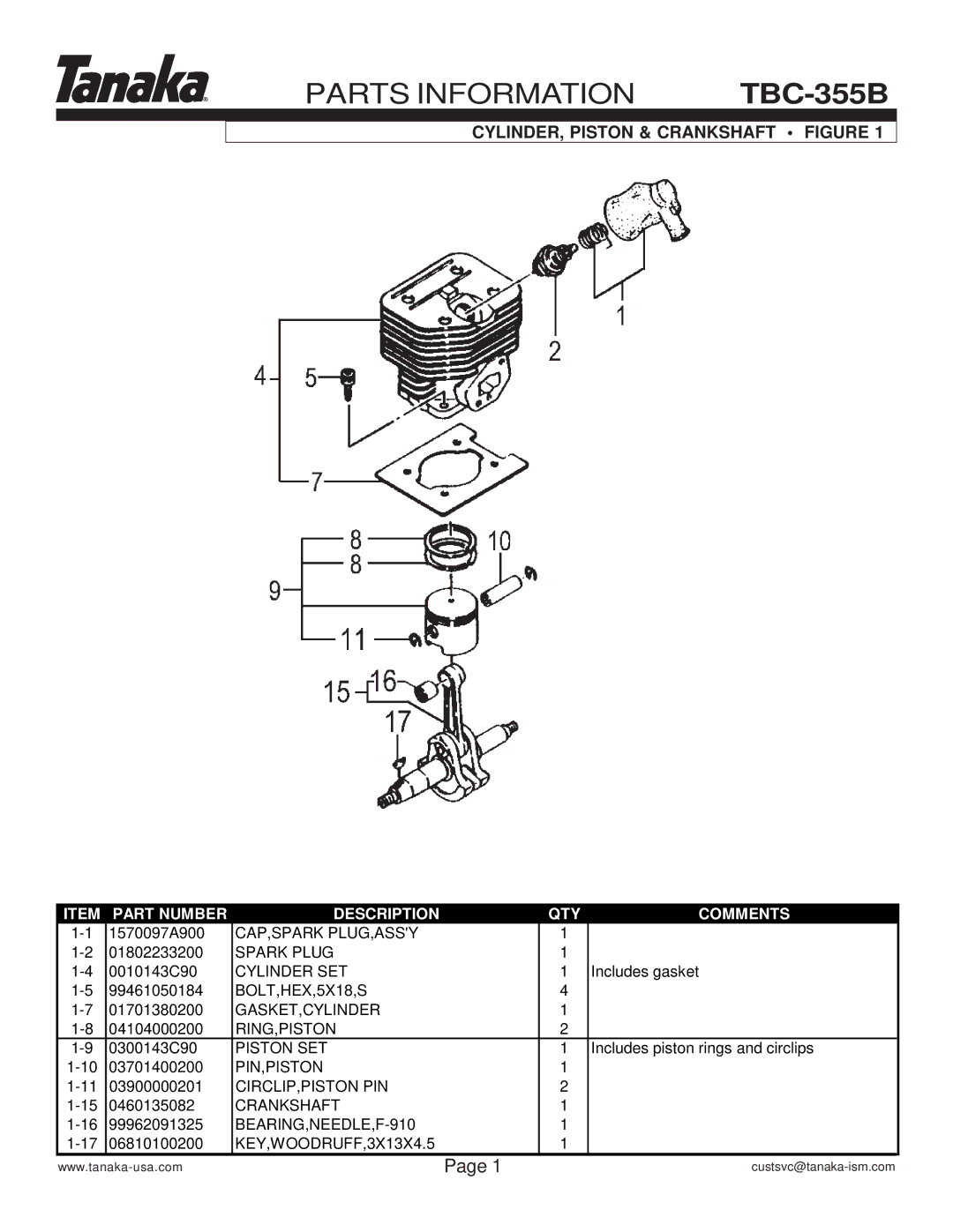 Tanaka manual Parts Information TBC-355B, CYLINDER, Piston & Crankshaft Figure 