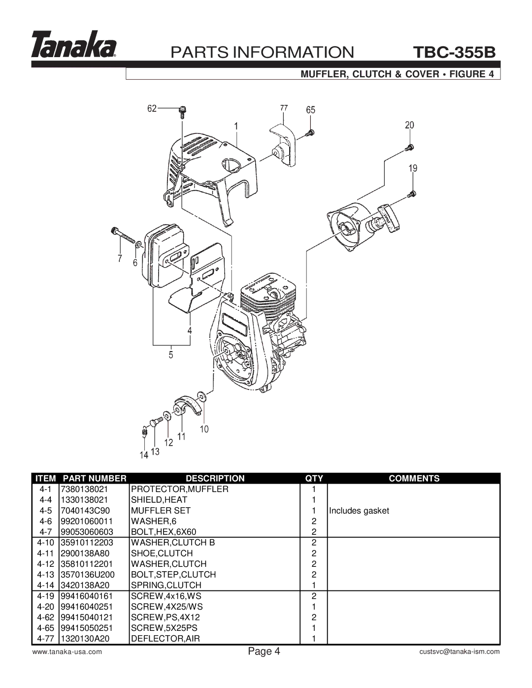 Tanaka TBC-355B manual MUFFLER, Clutch & Cover Figure 