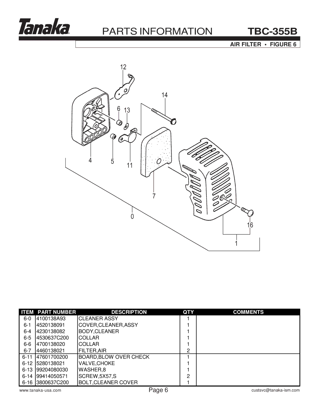 Tanaka TBC-355B manual AIR Filter Figure 