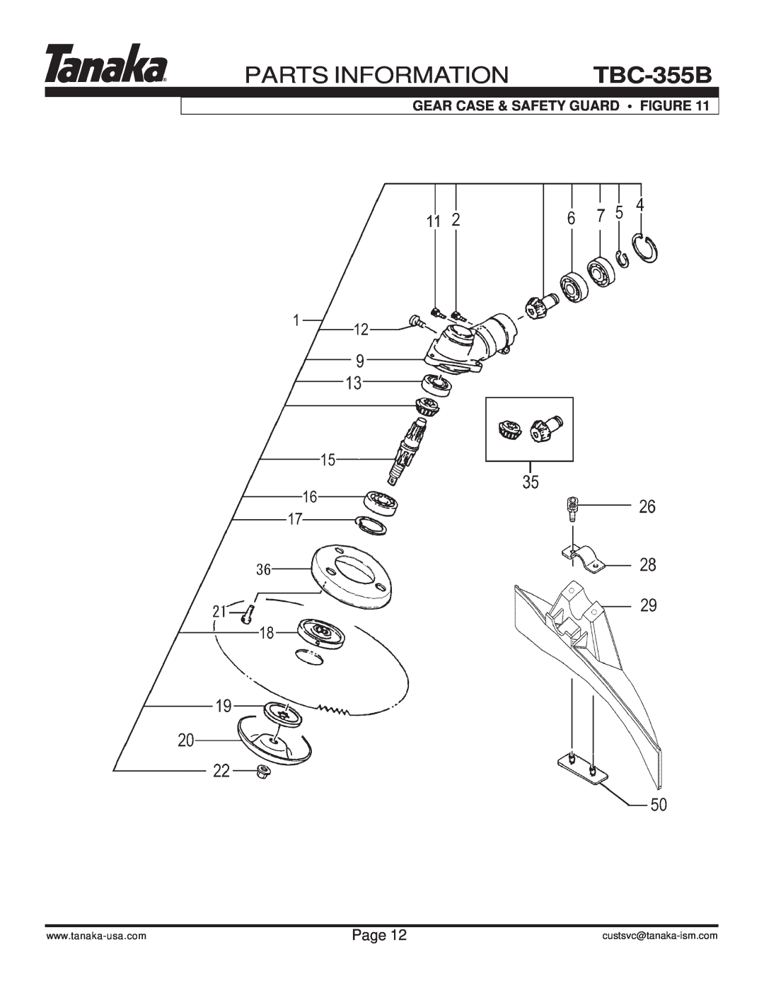 Tanaka manual Gear Case & Safety Guard • Figure, PARTS INFORMATION TBC-355B, Page, custsvc@tanaka-ism.com 