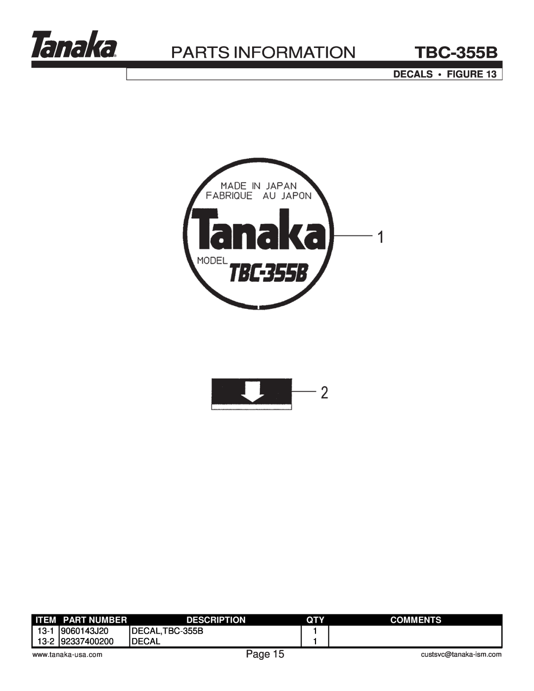 Tanaka TBC-355B Decals • Figure, Parts Information, Page, Item, Part Number, Description, Comments, custsvc@tanaka-ism.com 