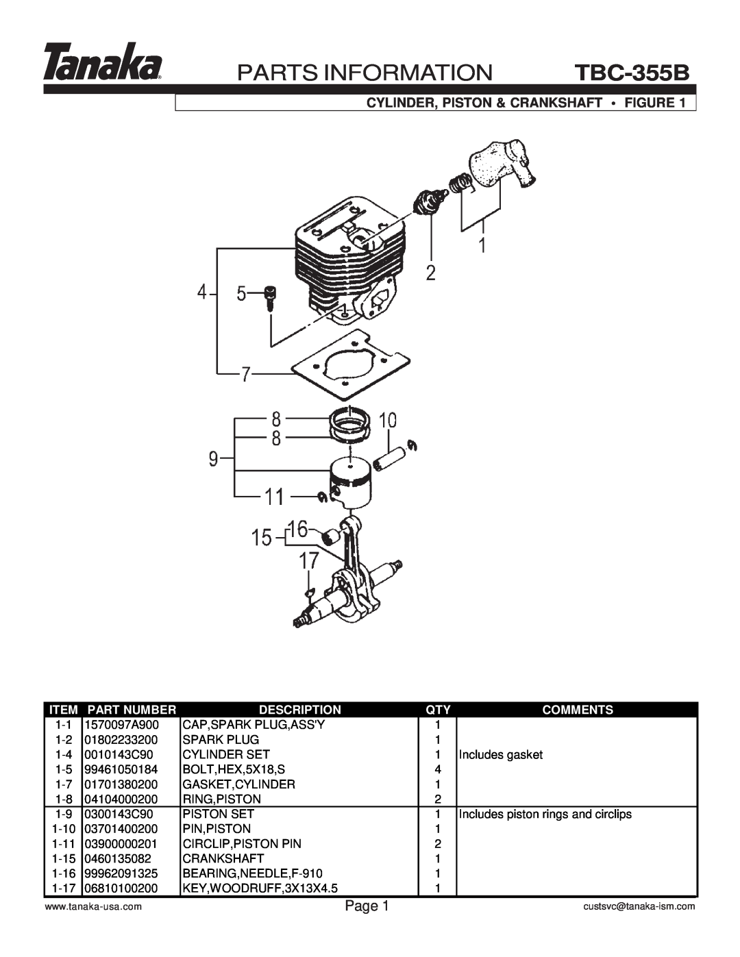 Tanaka manual PARTS INFORMATION TBC-355B, Page, Cylinder, Piston & Crankshaft • Figure, Item, Part Number, Description 