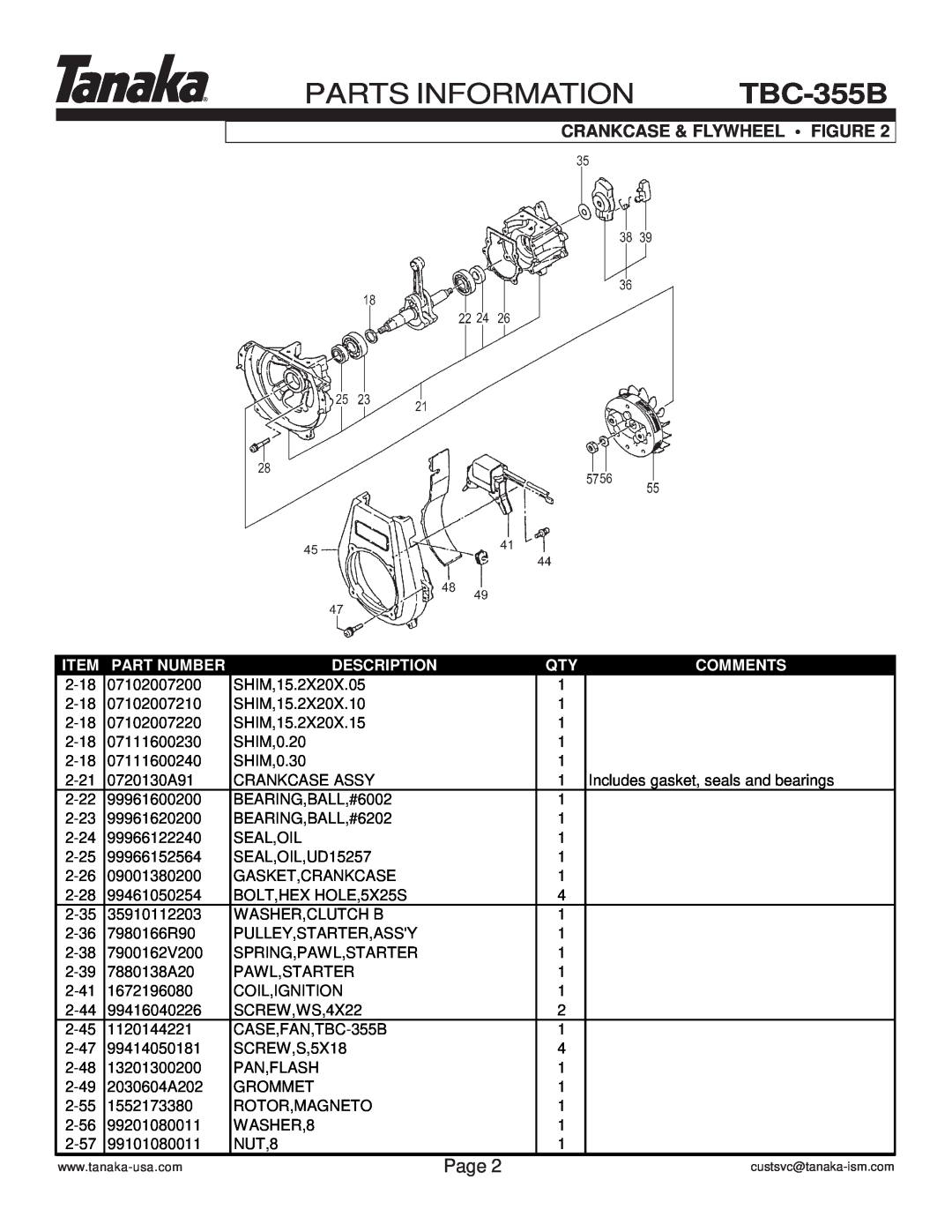 Tanaka manual Crankcase & Flywheel • Figure, PARTS INFORMATION TBC-355B, Page, Item, Part Number, Description, Comments 