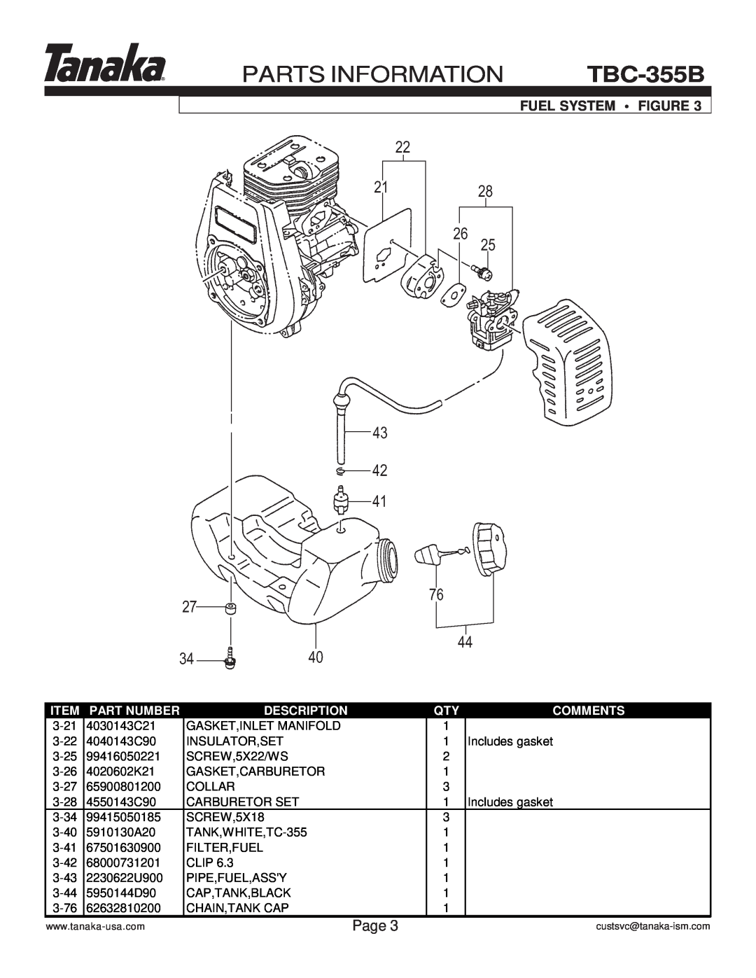 Tanaka TBC-355B manual Parts Information, Fuel System • Figure, Page, Item, Part Number, Description, Comments 