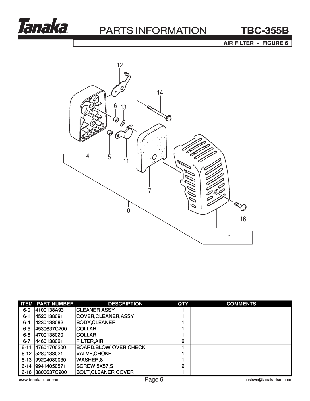 Tanaka TBC-355B manual Air Filter • Figure, Parts Information, Page, Item, Part Number, Description, Comments 