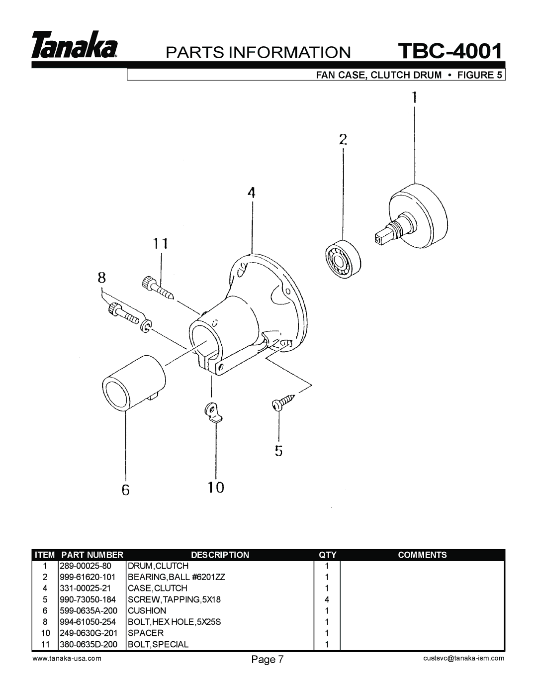 Tanaka manual Parts Information TBC-4001 