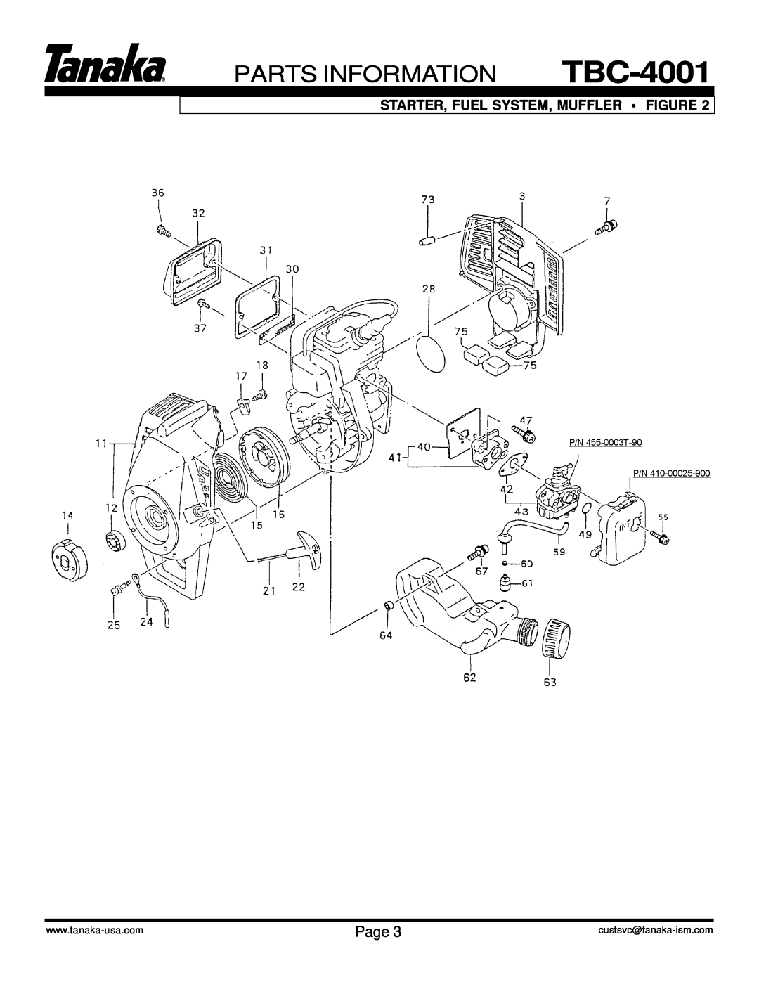 Tanaka manual PARTS INFORMATION TBC-4001, Page, Starter, Fuel System, Muffler Figure, custsvc@tanaka-ism.com 