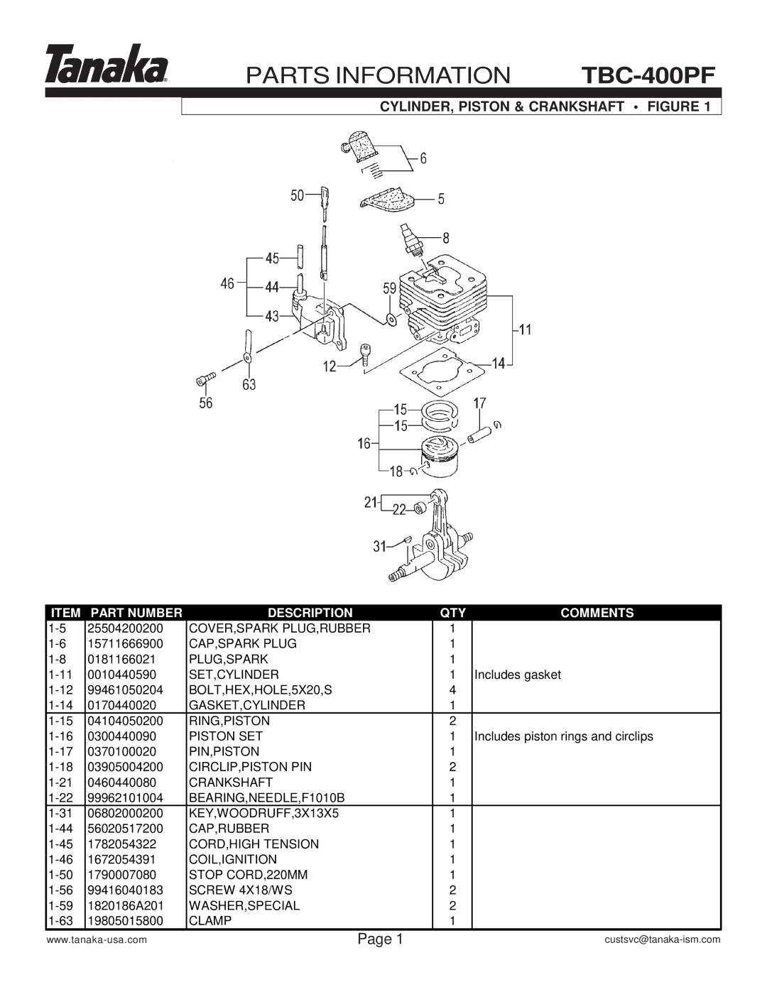 Tanaka manual Parts Information TBC-400PF, CYLINDER, Piston & Crankshaft Figure 