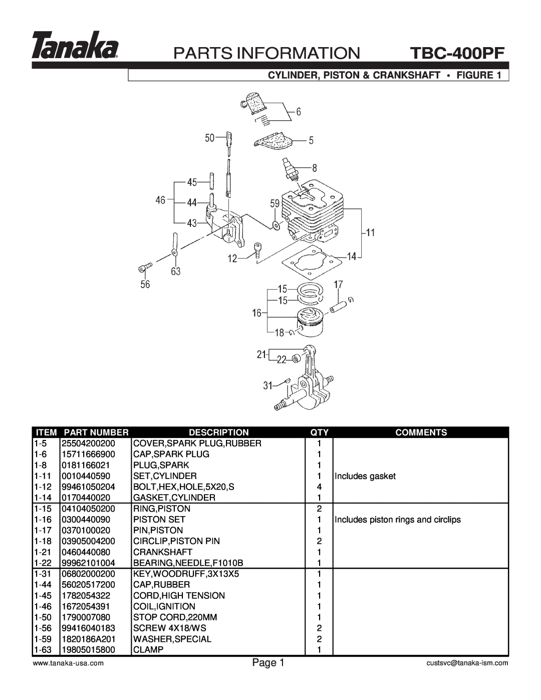 Tanaka PARTS INFORMATION TBC-400PF, Page, Cylinder, Piston & Crankshaft Figure, Part Number, Description, Comments 
