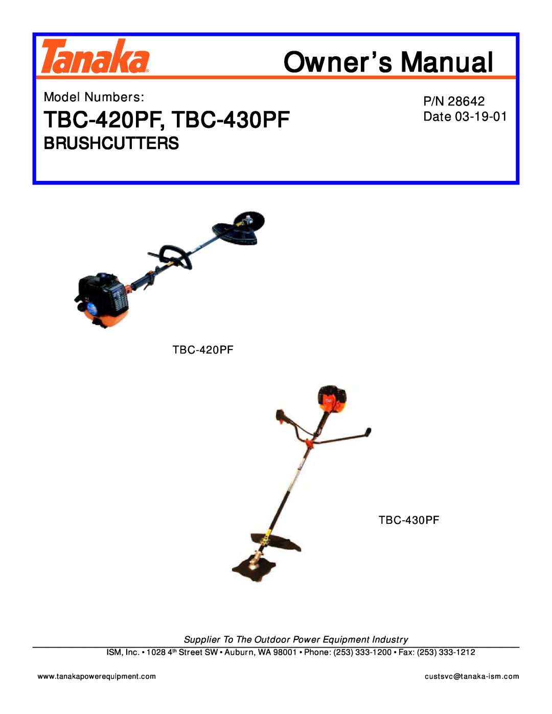 Tanaka TBC-430PF, TBC-420PF manual Model Numbers, Date, TBC-420PF TBC-430PF, Owner’s Manual, TBC-420PF, TBC-430PF 