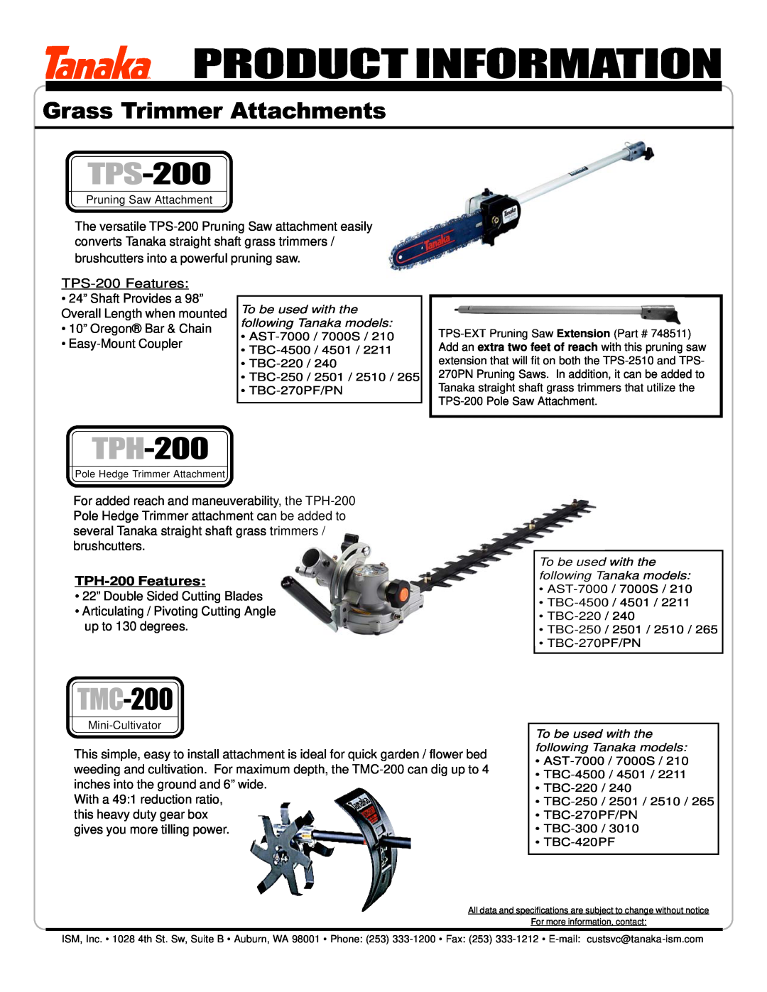 Tanaka TBC-4501 manual Product Information, TPS-200, TMC-200, Grass Trimmer Attachments, TPH-200Features 