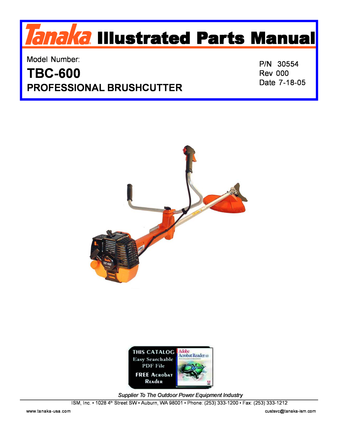 Tanaka TBC-600 manual Professional Brushcutter, Illustrated Parts Manual, Model Number, Date 