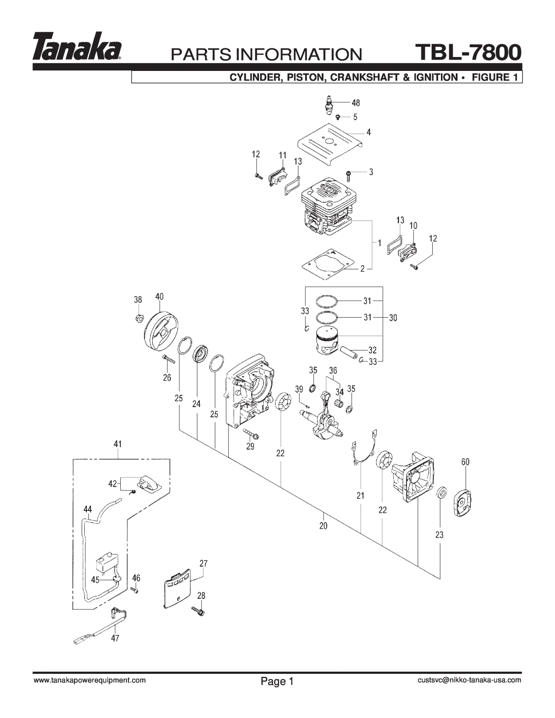 Tanaka TBL-7800/R Parts Information, Cylinder, Piston, Crankshaft & Ignition Figure, Page, custsvc@nikko-tanaka-usa.com 