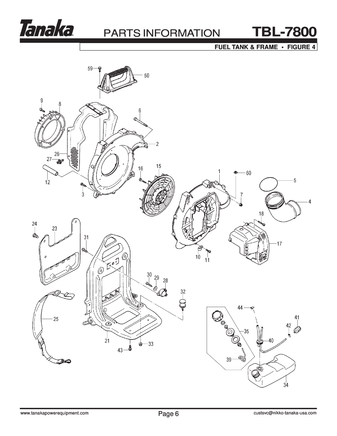 Tanaka TBL-7800/R manual Fuel Tank & Frame Figure, Parts Information, Page, custsvc@nikko-tanaka-usa.com 