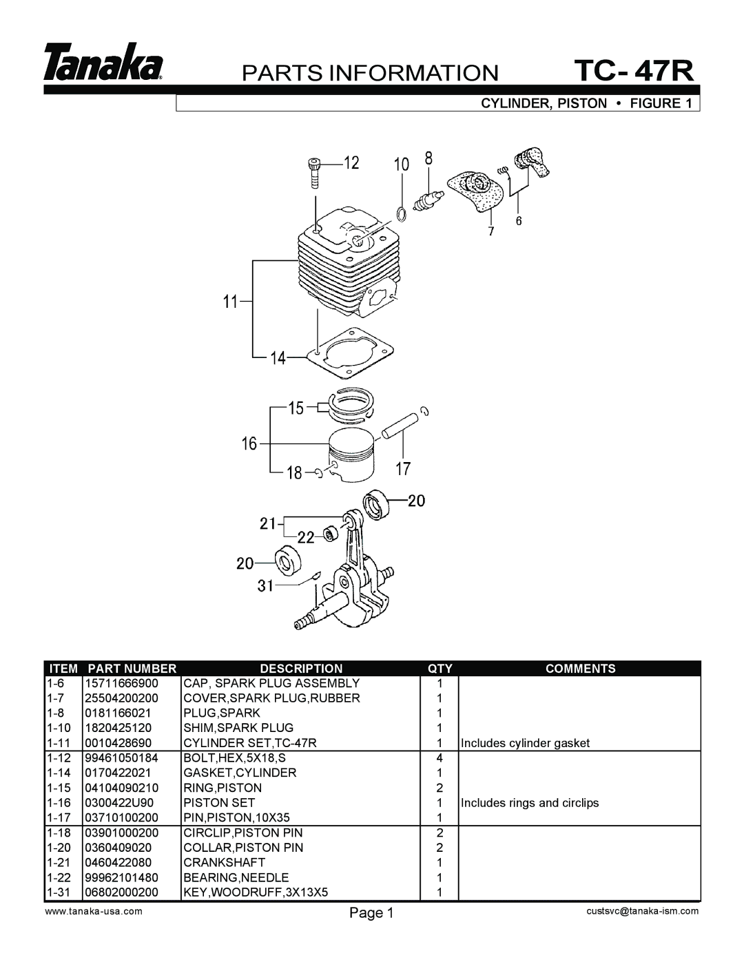 Tanaka TC-47R manual Parts Information TC- 47R, CYLINDER, Piston Figure 