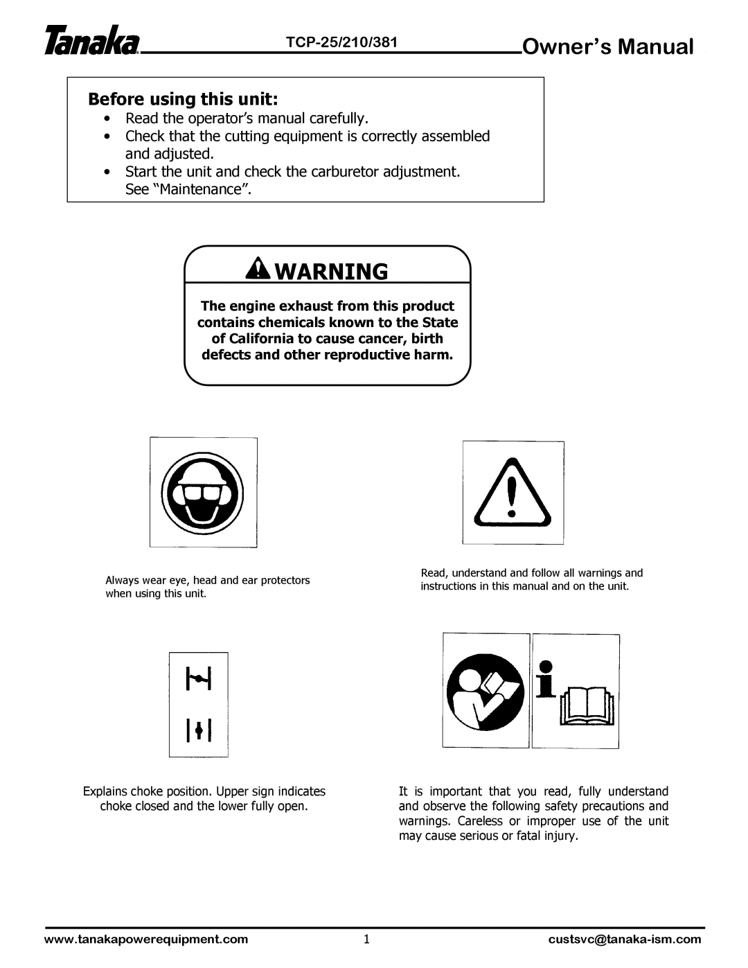 Tanaka TCP-210, TCP-25, TCP-381 manual Before using this unit 