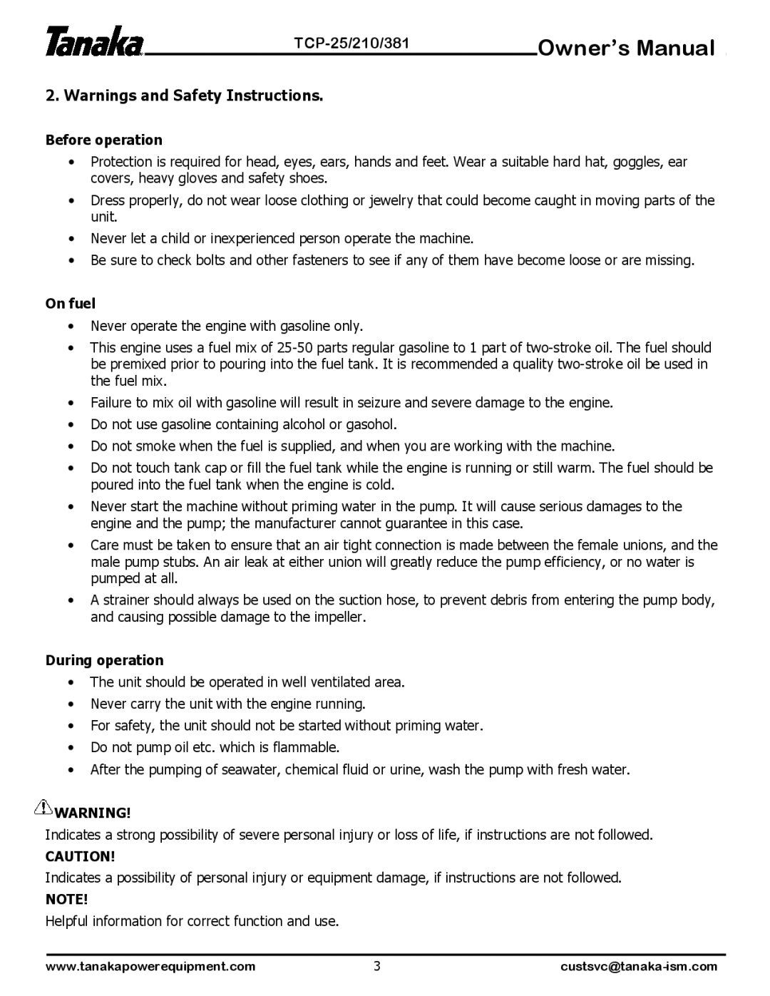 Tanaka TCP-381, TCP-25, TCP-210 manual Before operation, On fuel, During operation 
