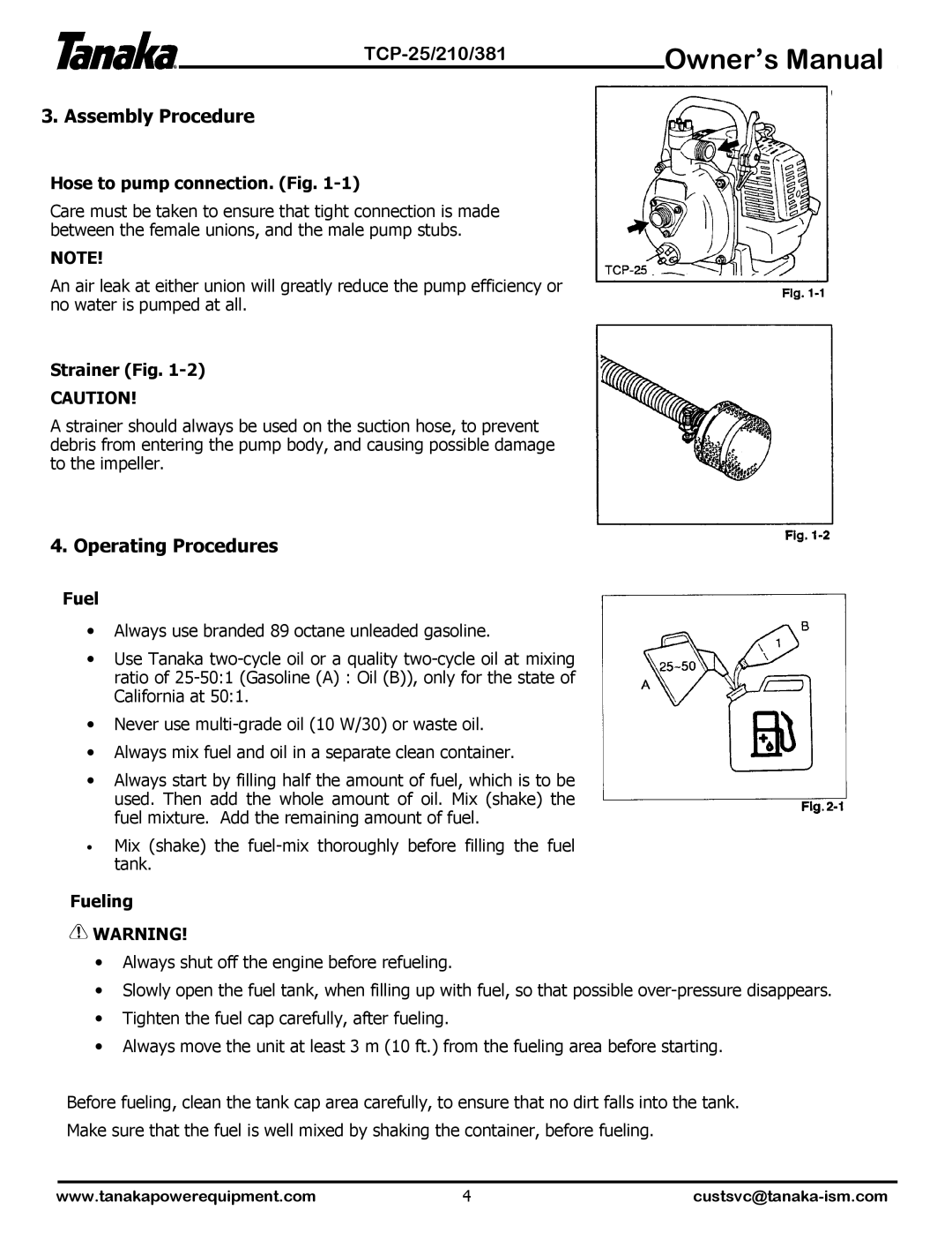 Tanaka TCP-210, TCP-25, TCP-381 manual Assembly Procedure, Operating Procedures 