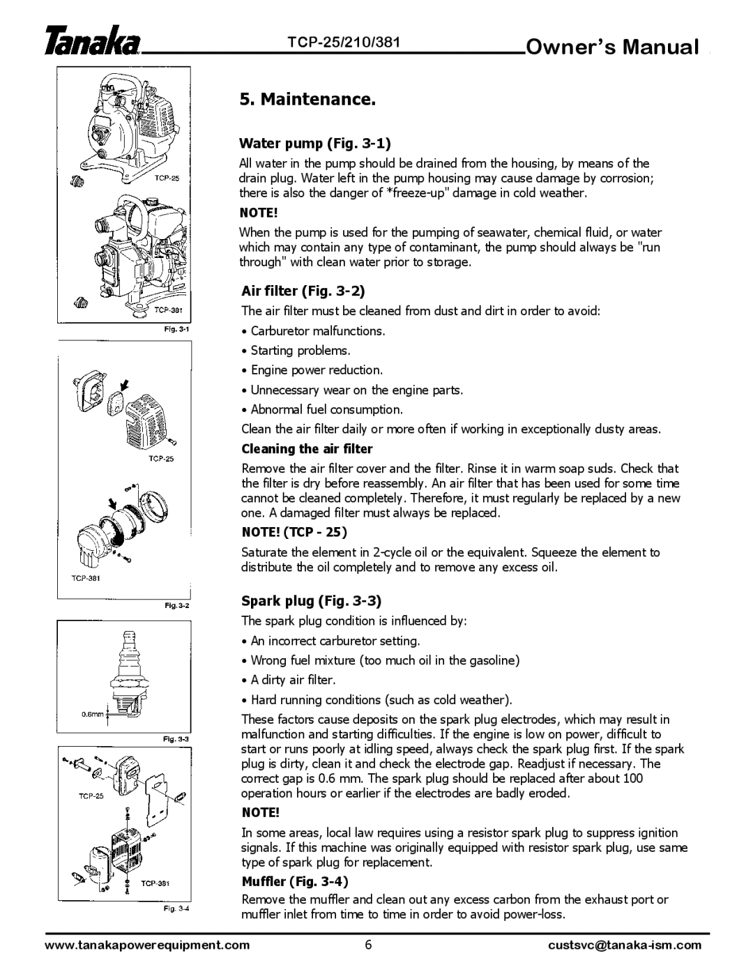 Tanaka TCP-381, TCP-25, TCP-210 manual Water pump Fig, Air filter Fig, Spark plug Fig 