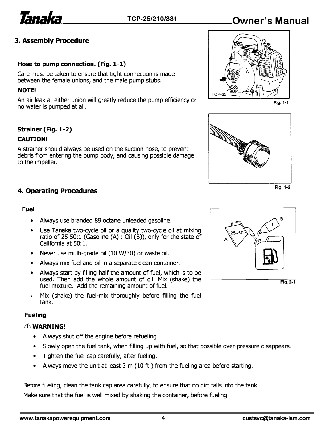 Tanaka TCP-210 Assembly Procedure, Operating Procedures, TCP-25/210/381, Hose to pump connection. Fig, Strainer Fig, Fuel 