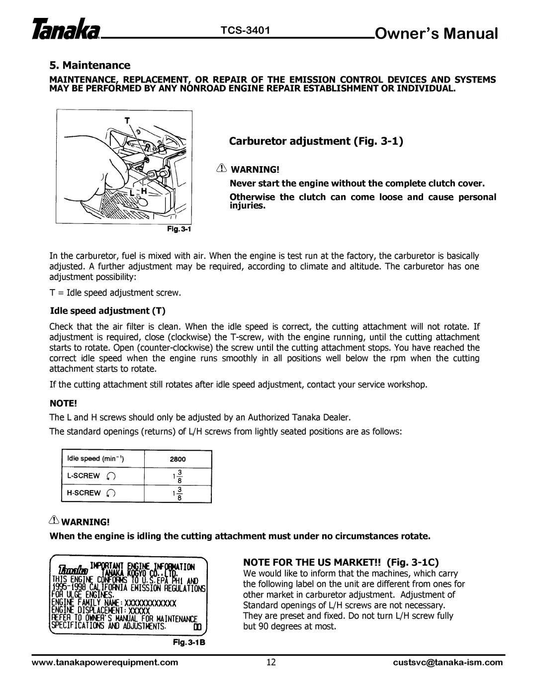 Tanaka TCS-3401 manual Maintenance, Carburetor adjustment Fig 