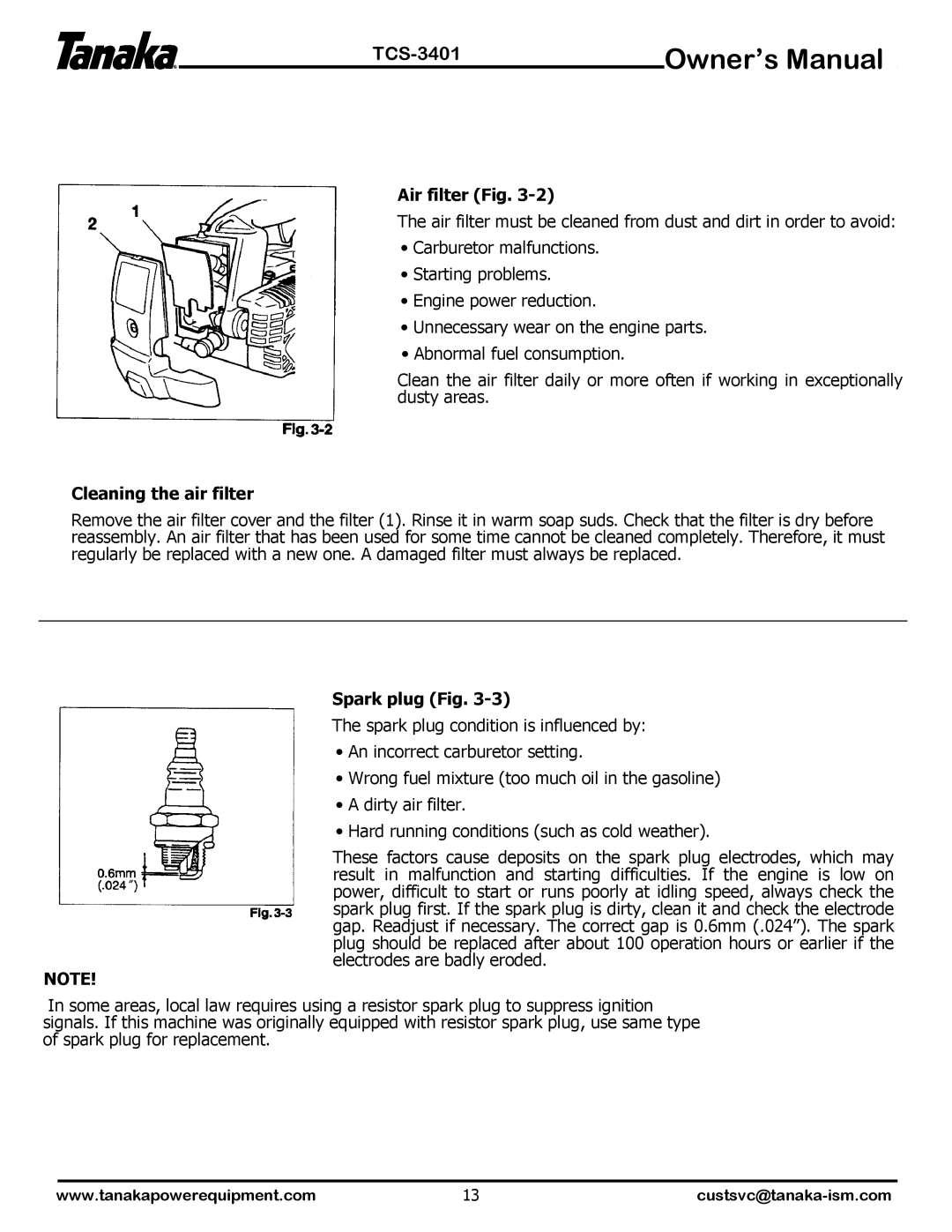 Tanaka TCS-3401 manual Air filter Fig, Cleaning the air filter, Spark plug Fig 