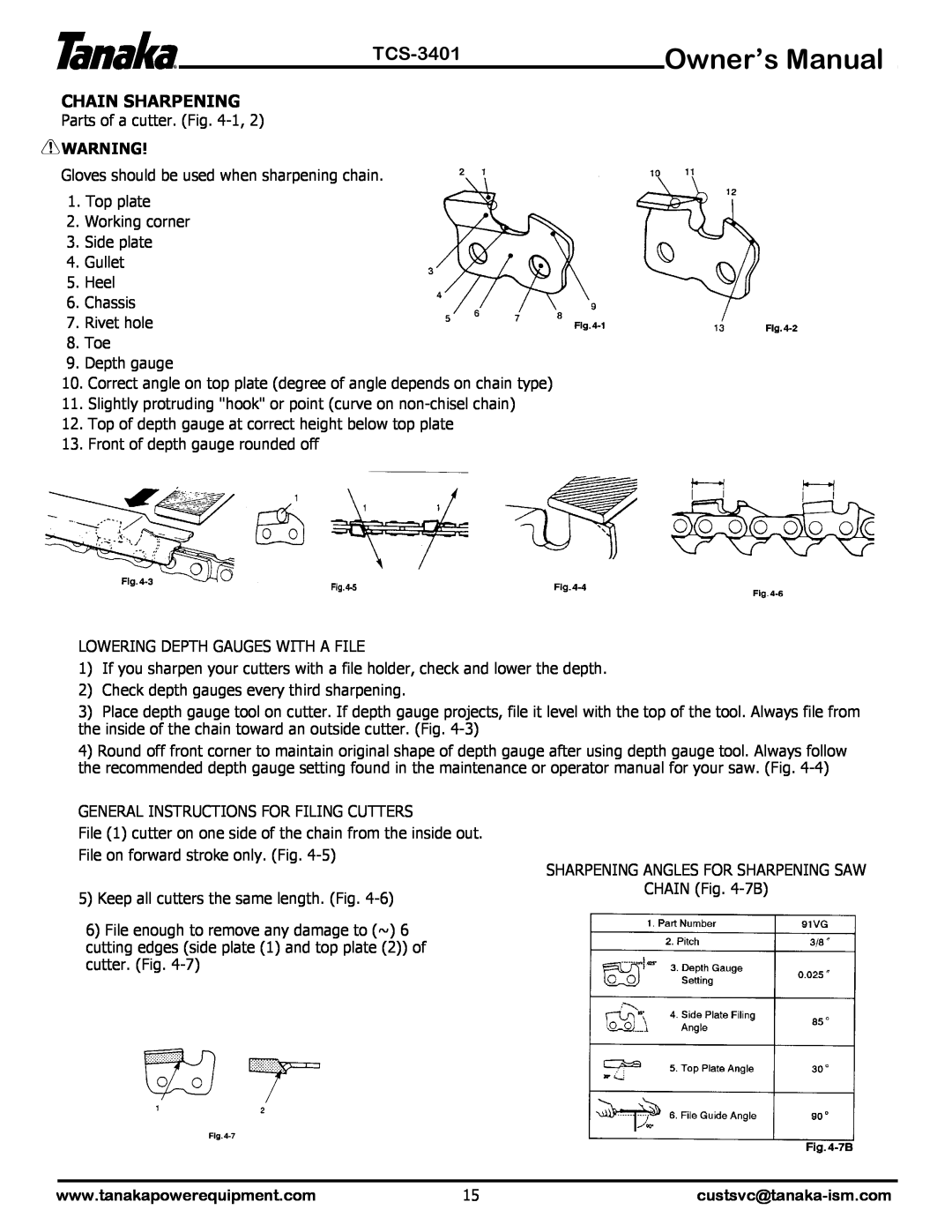 Tanaka TCS-3401 manual Chain Sharpening 