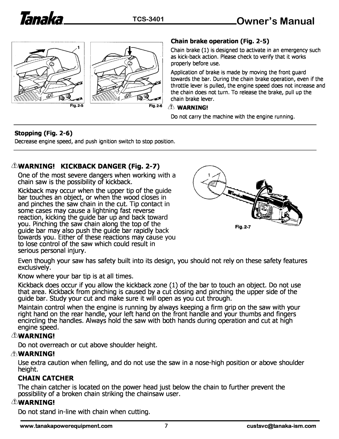 Tanaka TCS-3401 manual WARNING! KICKBACK DANGER Fig, Chain Catcher 