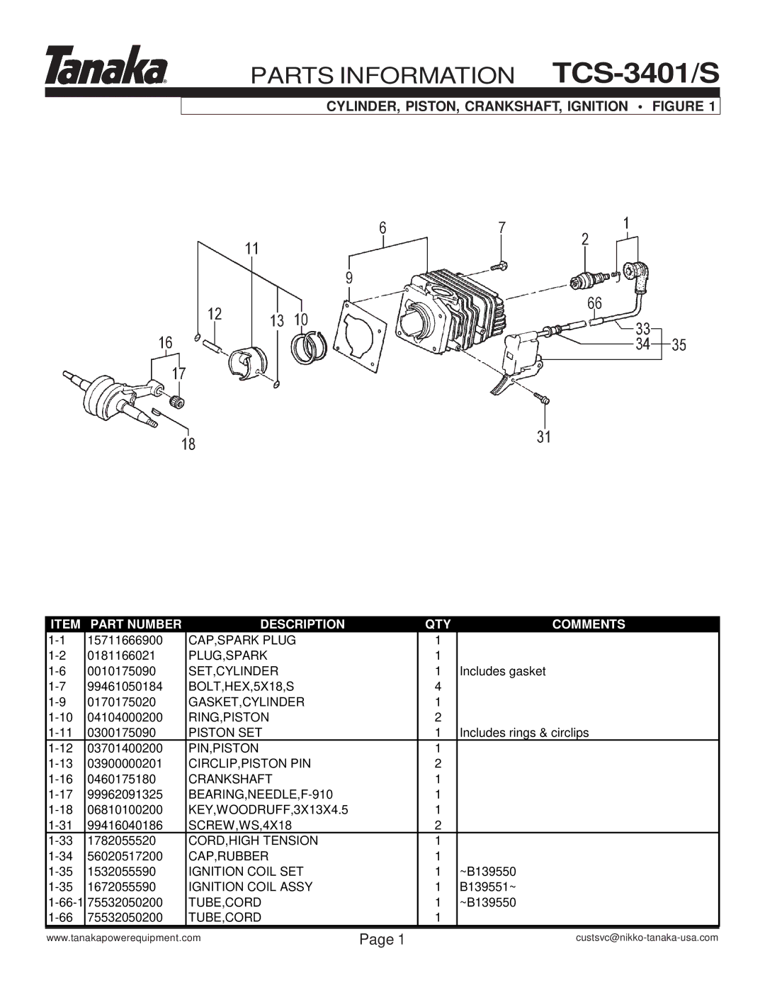 Tanaka manual Parts Information TCS-3401/S, CYLINDER, PISTON, CRANKSHAFT, Ignition Figure 