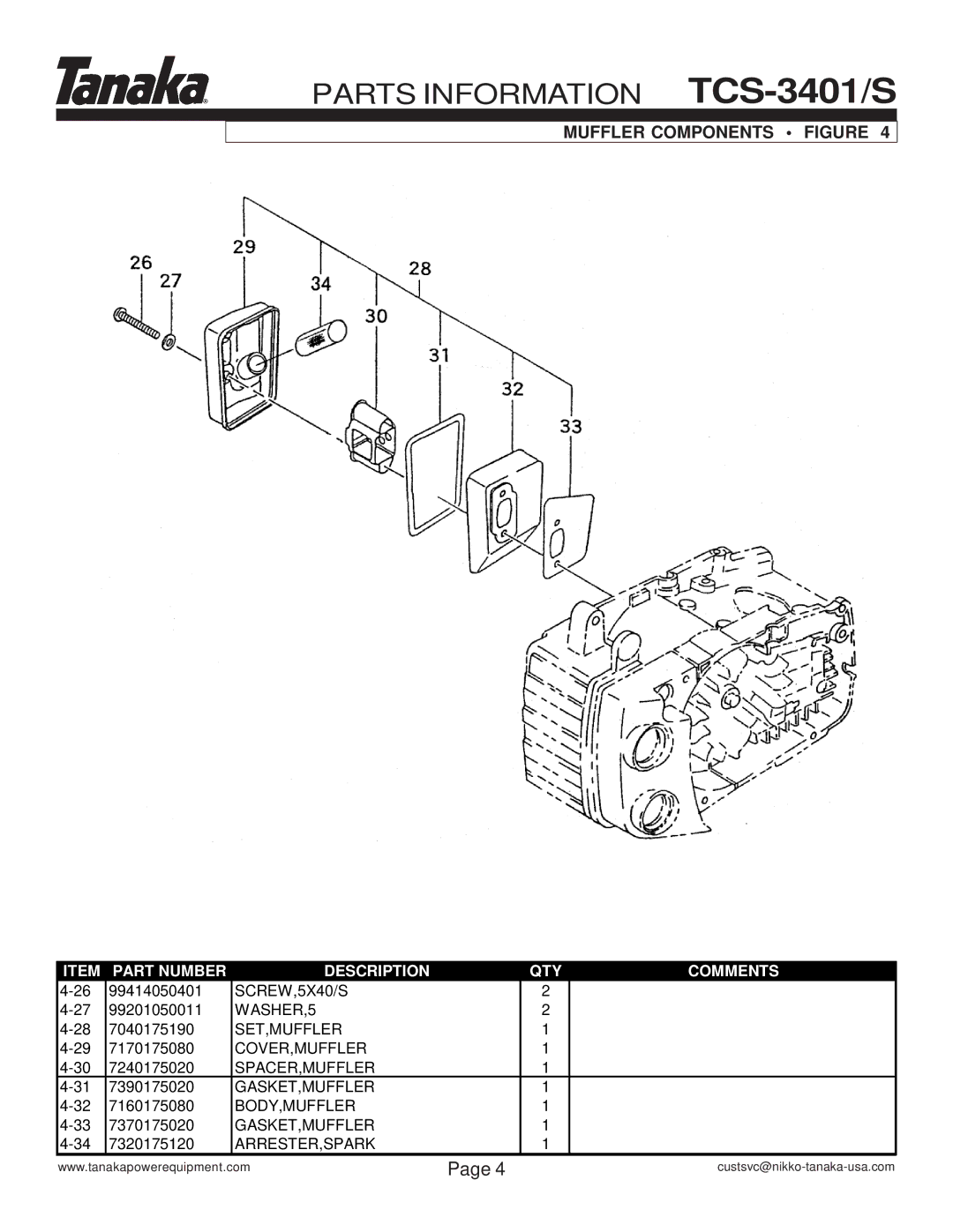 Tanaka TCS-3401/S manual Muffler Components Figure 