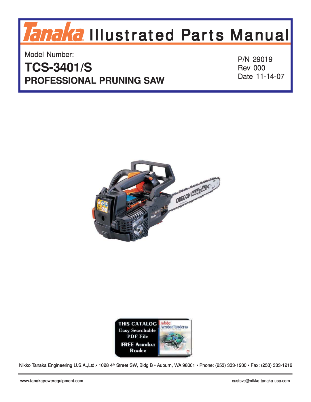 Tanaka TCS-3401/S manual Illustrated Parts Manual, Professional Pruning Saw, Model Number, Date 