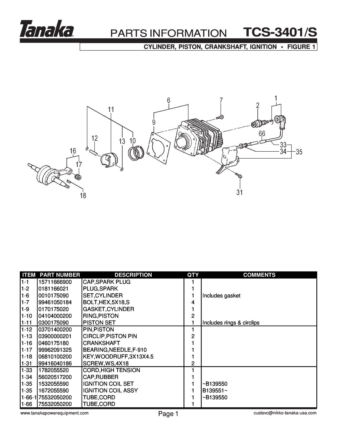 Tanaka PARTS INFORMATION TCS-3401/S, Cylinder, Piston, Crankshaft, Ignition Figure, Page, Part Number, Description 