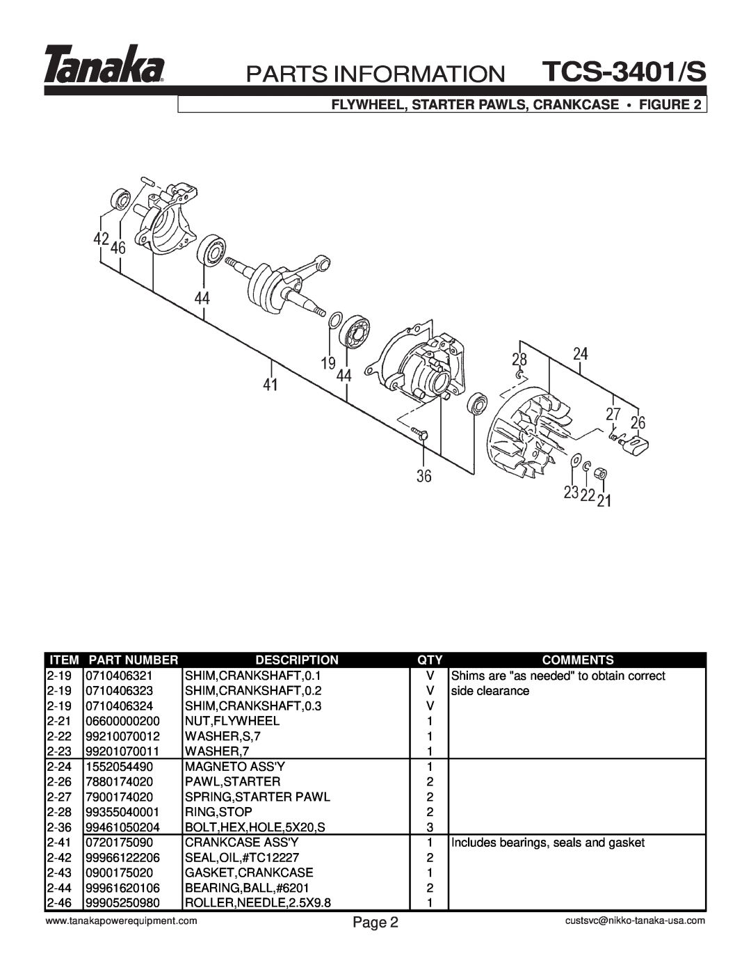Tanaka manual Flywheel, Starter Pawls, Crankcase Figure, PARTS INFORMATION TCS-3401/S, Page, Part Number, Description 