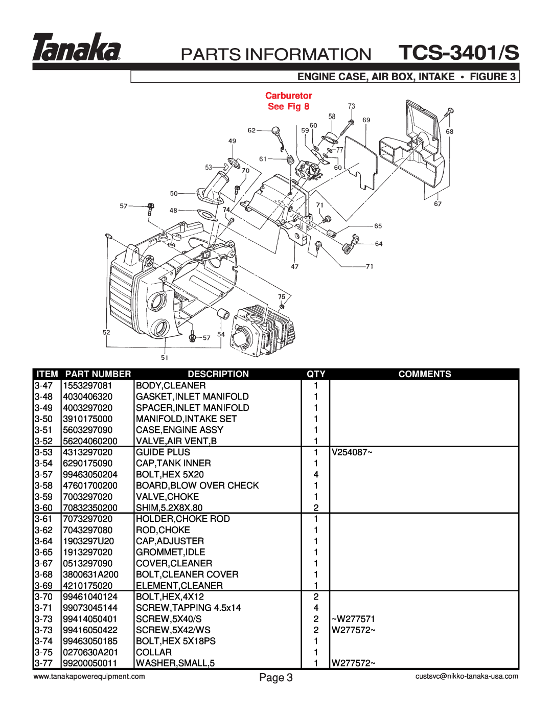 Tanaka manual Engine Case, Air Box, Intake Figure, PARTS INFORMATION TCS-3401/S, Page, Carburetor See Fig, Part Number 