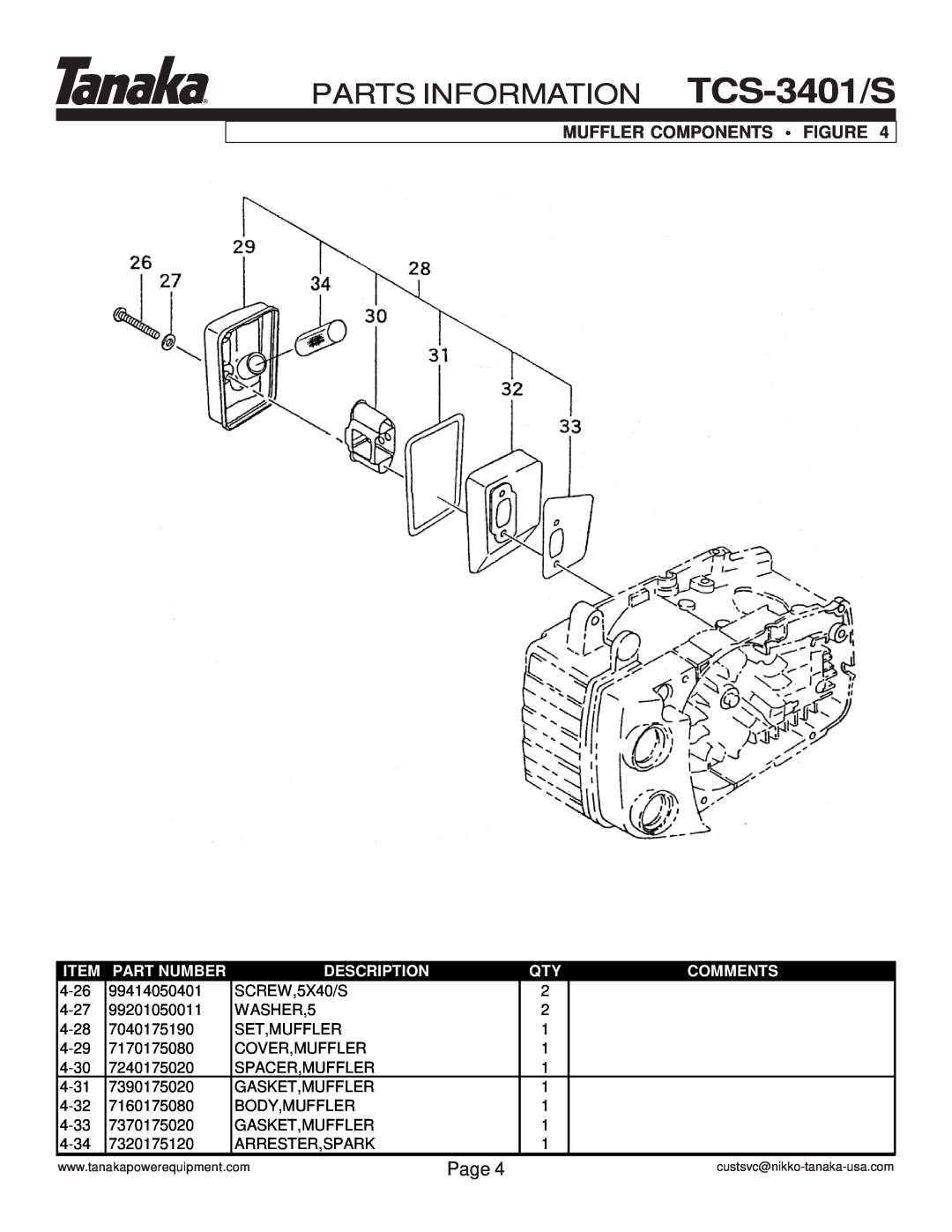 Tanaka manual Muffler Components Figure, PARTS INFORMATION TCS-3401/S, Page, Part Number, Description, Comments 