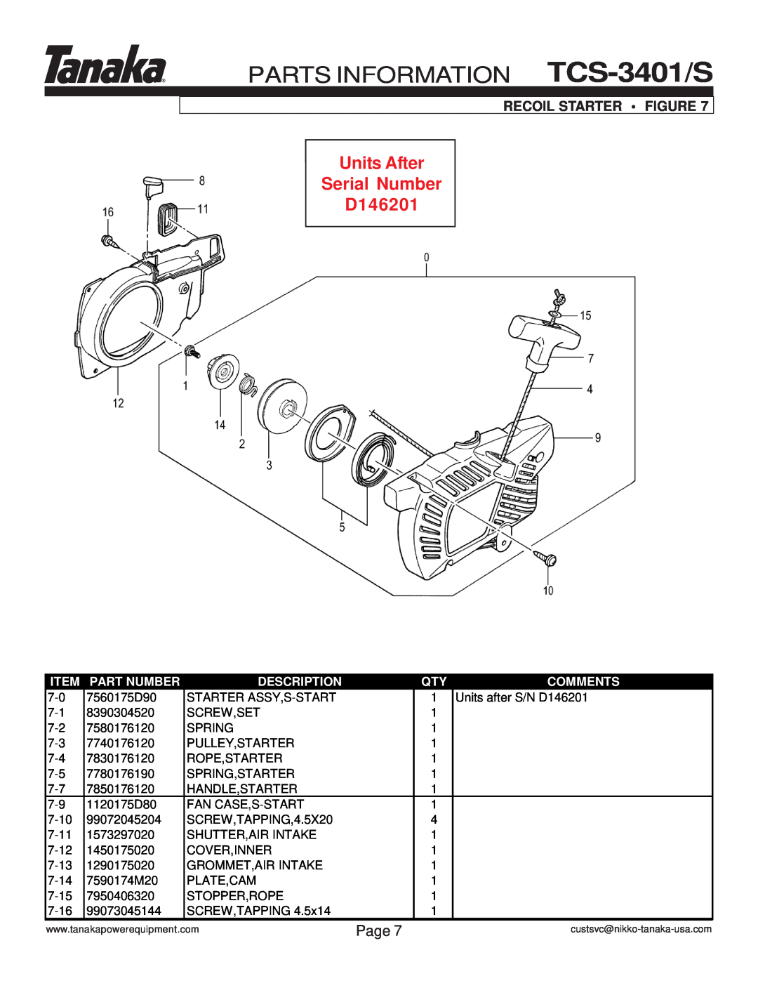 Tanaka manual Units After Serial Number D146201, PARTS INFORMATION TCS-3401/S, Recoil Starter Figure, Page, Part Number 
