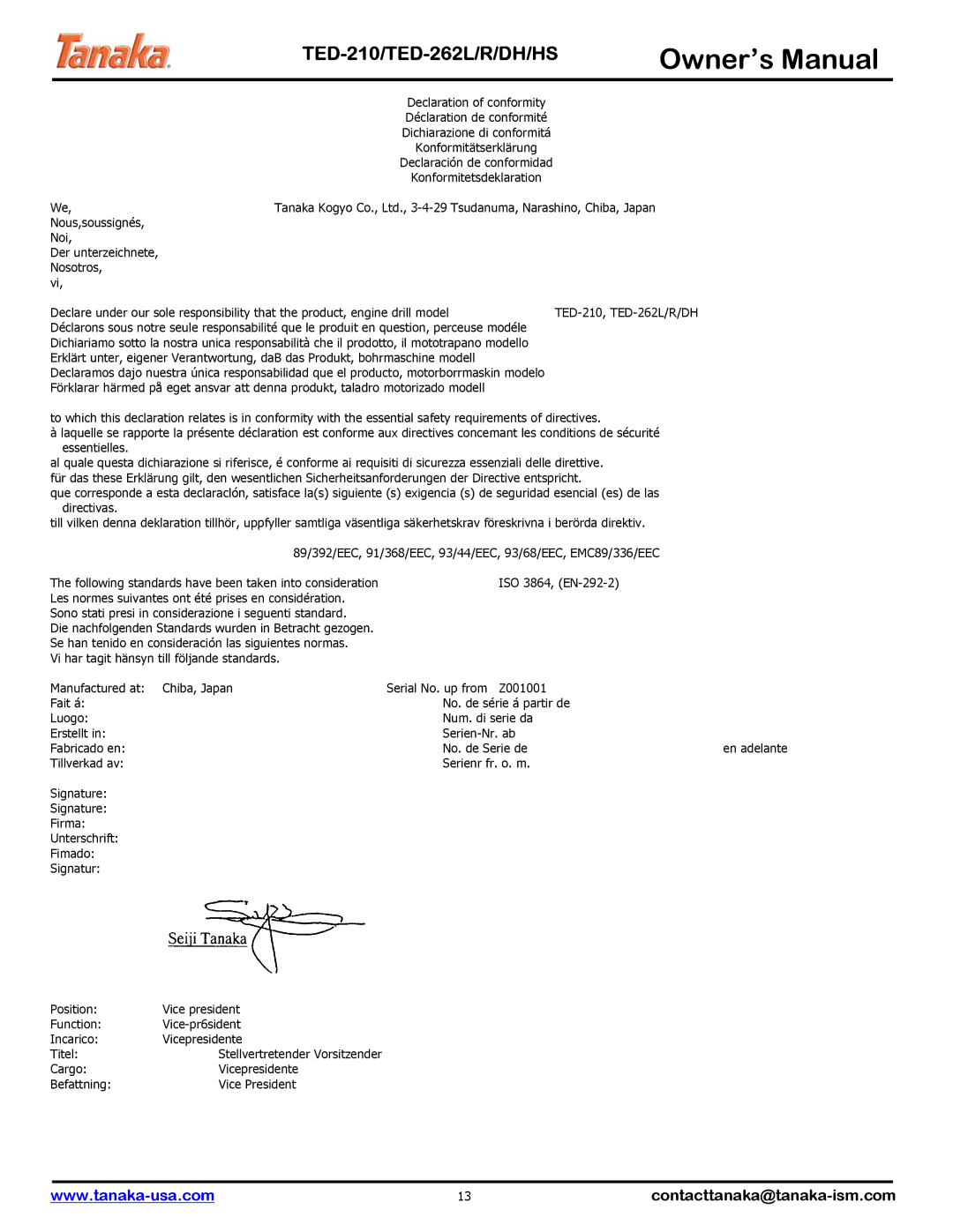 Tanaka TED-210, TED-262L, TED-262DH manual Dichiarazione di conformitá 