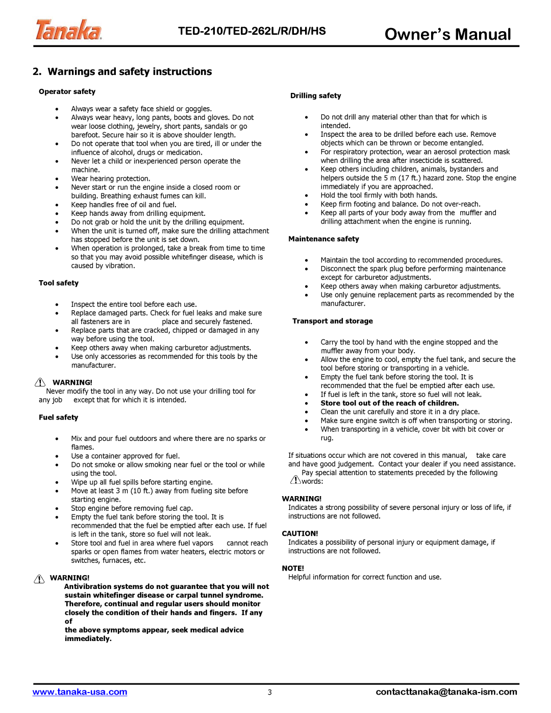 Tanaka TED-262DH, TED-262L, TED-210 manual Operator safety 